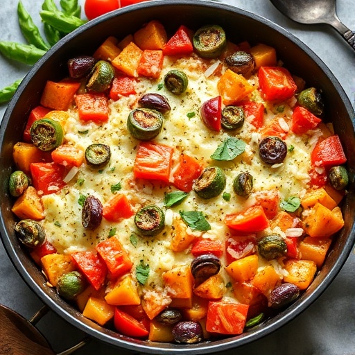 Veggie Casserole — baked vegetable casserole topped with melted cheese in a white dish, comforting family side