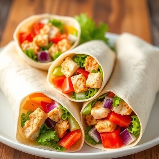 Wrap Recipes — tortilla wraps filled with colorful vegetables, chicken, and sauce, arranged on a cutting board