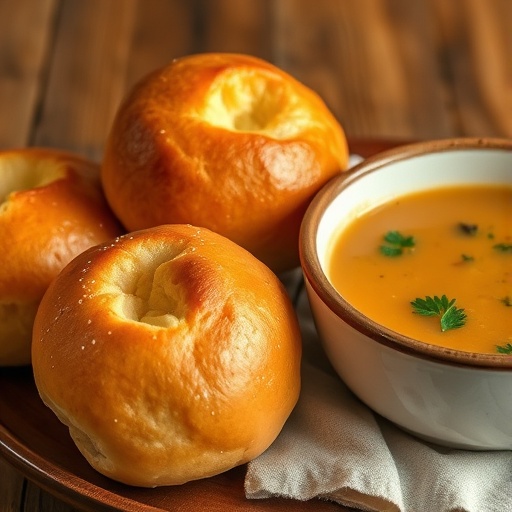Homemade Soup Rolls Recipe 1 Soup Rolls Recipe — basket of freshly baked rolls beside a bowl of soup, fluffy and buttery dinner side