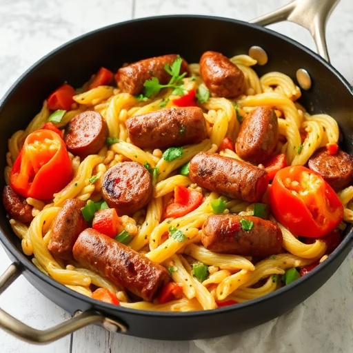 Sausage Orzo Pasta Skillet 1 Sausage Orzo Pasta — skillet filled with orzo, sausage, and vegetables, hearty and quick dinner recipe