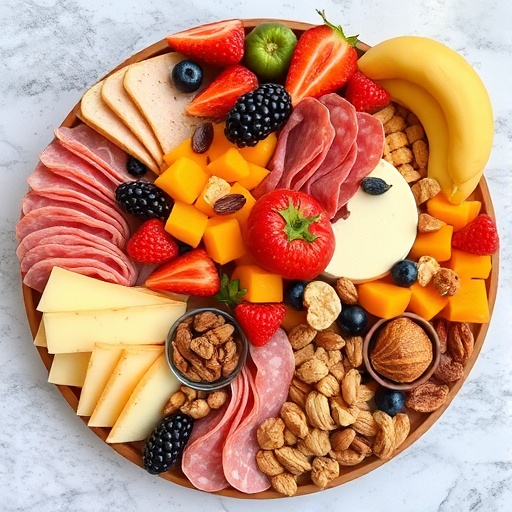 Snack Board Ideas for Parties 1 Snack Board — colorful charcuterie-style board filled with cheese, fruits, nuts, and meats, perfect for parties
