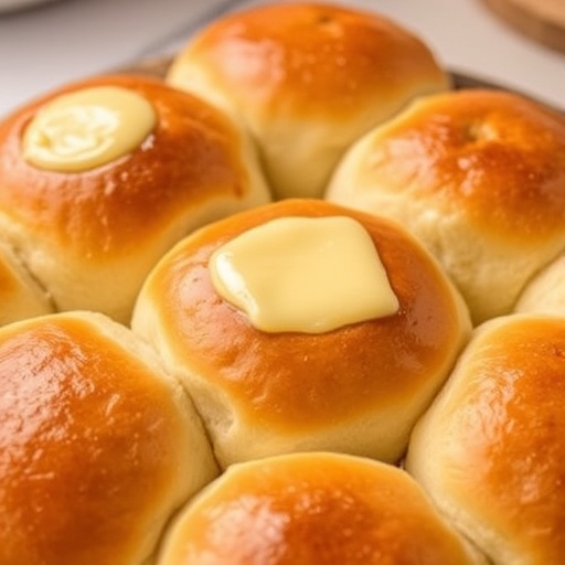 Soft Dinner Rolls Recipe 1 Soft Dinner Rolls — tray of freshly baked golden rolls brushed with butter, soft and fluffy bread recipe