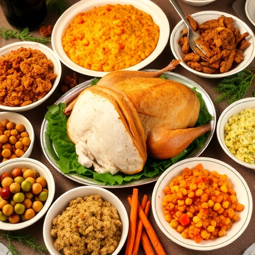 Southern Thanksgiving Recipes Collection 1 Southern Thanksgiving Recipes — Southern-style holiday table with turkey, green bean casserole, mashed potatoes, and dinner rolls, festive family feast