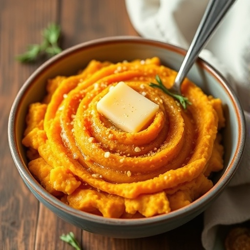 Sweet Potato Mashed Potatoes Recipe 1 Sweet Potato Mashed Potatoes — bowl of smooth, golden sweet potato mashed potatoes topped with butter, comforting dinner side