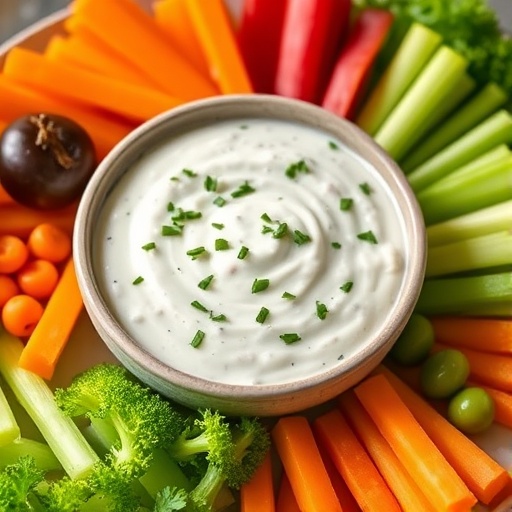 The Ranch Dip for Veggies and Wings 1 The Ranch — small bowl of creamy ranch dip surrounded by fresh vegetables and wings, appetizer idea