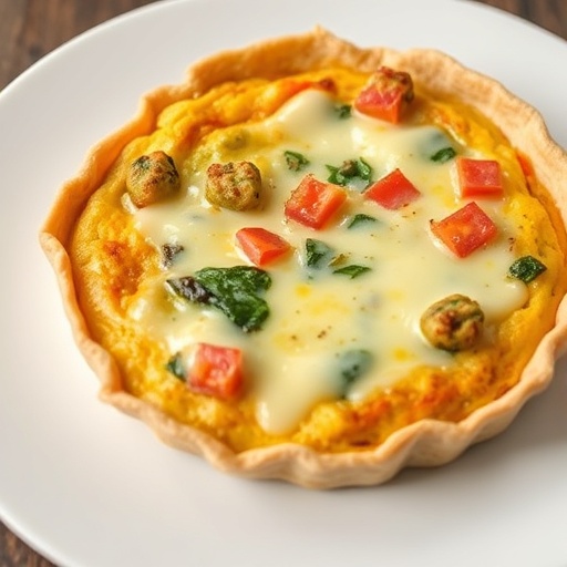 Tortilla Quiche Bake with Cheese 1 Tortilla Quiche Bake — golden quiche baked in a tortilla shell, topped with cheese and herbs, brunch recipe