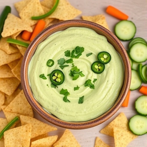 Creamy green jalapeño ranch dip in a ceramic bowl, surrounded by tortilla chips, carrot sticks, and cucumber slices.