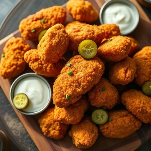 A platter of golden-brown, crispy air fryer Nashville hot chicken bites with pickles and chives, ready for game day.