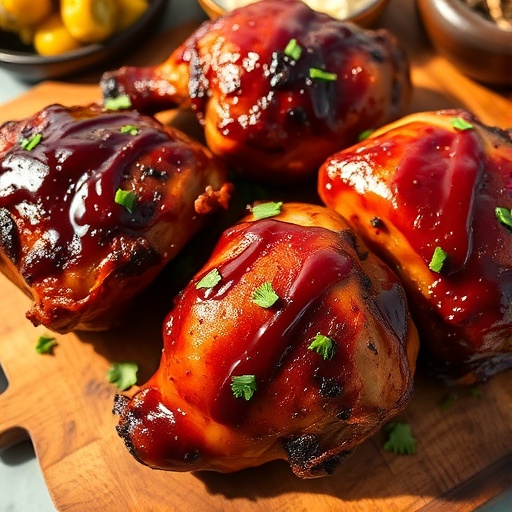 Oven baked caramelized BBQ chicken thighs on a wooden board with parsley garnish.