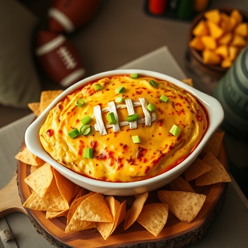 Creamy, cheesy football-shaped dip garnished with green onions, served with tortilla chips on a wooden board.