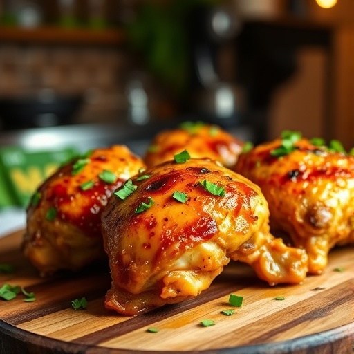 Easy & Delicious Ranch Chicken Thighs: Your New Go To Weeknight Dinner Recipe! 1 Golden brown ranch chicken thighs garnished with parsley on a wooden board.