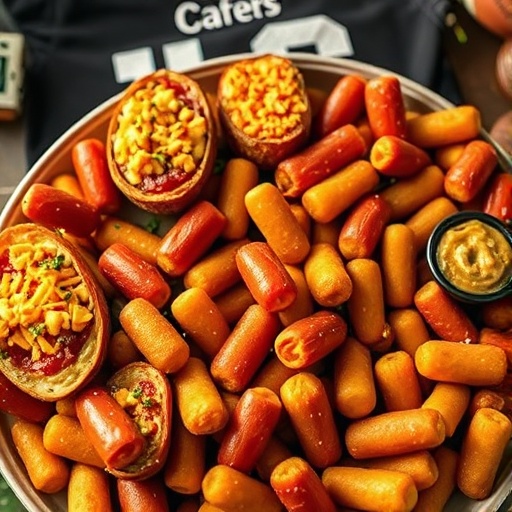 A platter of various game day side dishes including loaded potato skins, mini corn dog bites, and jalapeño poppers on a festive table.