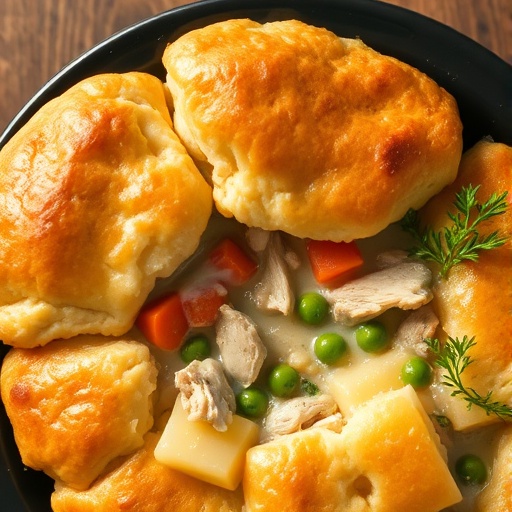 Slow cooker chicken pot pie with a golden, flaky biscuit topping, showing creamy chicken and vegetable filling.