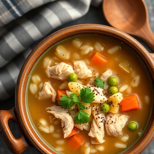 Hearty Crockpot Chicken and Rice Soup in a ceramic bowl, garnished with parsley.