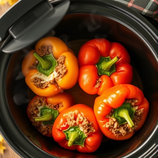 Easy Slow Cooker Stuffed Bell Peppers: Your Go-To Cheap & Cozy Fall Dinner Recipe 1 Slow cooker stuffed bell peppers with melted cheese and parsley, in red and yellow peppers.