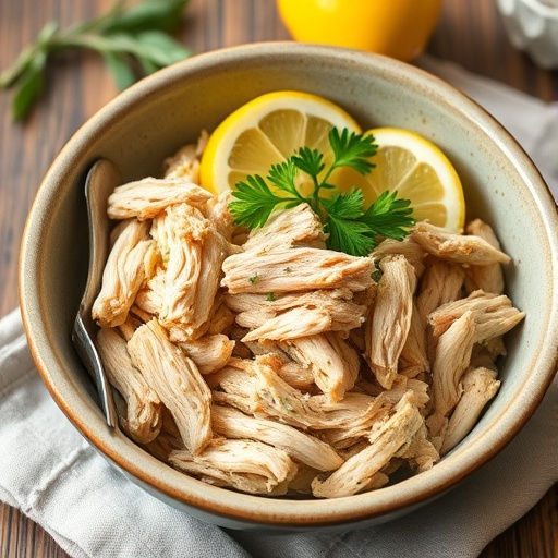 Close-up of healthy lemon herb shredded chicken in a white ceramic bowl, garnished with fresh parsley and lemon slices.