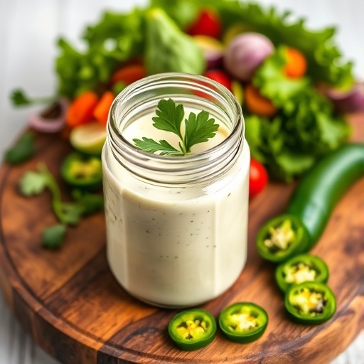 Clear glass jar filled with creamy green jalapeno ranch dressing, garnished with fresh cilantro and sliced jalapenos.