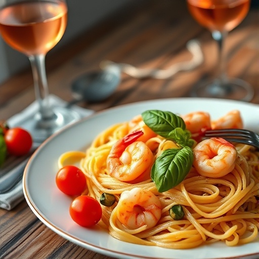 Romantic Rosé Pasta with Shrimp & Cherry Tomatoes: Perfect Galentine's Dinner 1 Rosé pasta with shrimp and cherry tomatoes in a white bowl, garnished with basil.