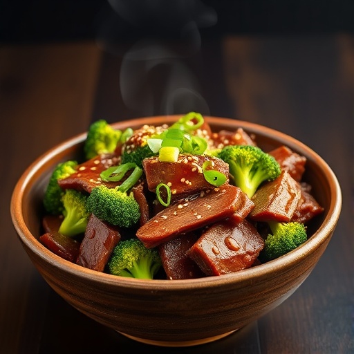 A close-up of slow cooker beef and broccoli in a ceramic bowl, garnished with sesame seeds and green onions.