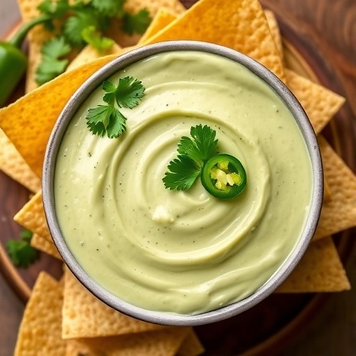 A bowl of creamy, light green Chuy's copycat jalapeño dip with tortilla chips.