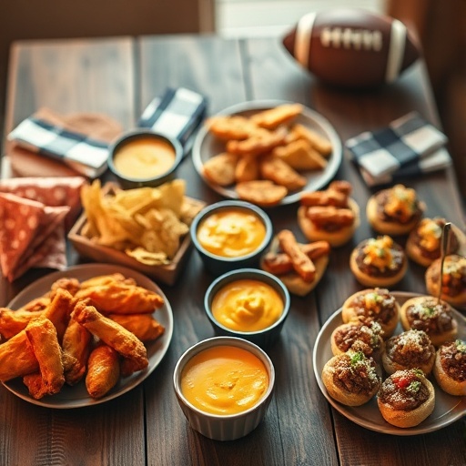 Ultimate Easy Game Day Appetizers: Crowd-Pleasing Recipes for Your Next Big Watch Party 1 A rustic wooden table spread with various game day appetizers including buffalo wings, queso dip, mini sliders, and loaded potato skins.