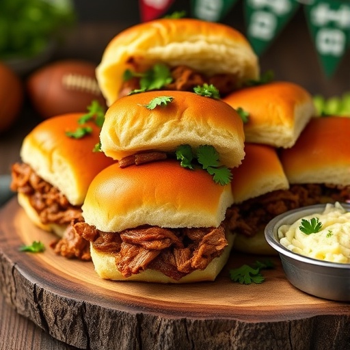 Ultimate Slow Cooker Pulled Pork Sliders: Easy Game Day Recipe for a Crowd 1 Slow cooker pulled pork sliders on a wooden board with coleslaw and cilantro, ready for game day.