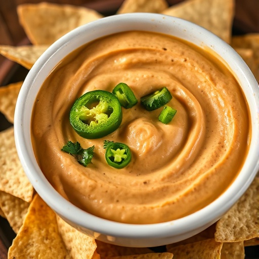 Creamy green jalapeno dip in a white bowl, garnished with fresh jalapenos and cilantro, surrounded by tortilla chips on a dark wooden surface.