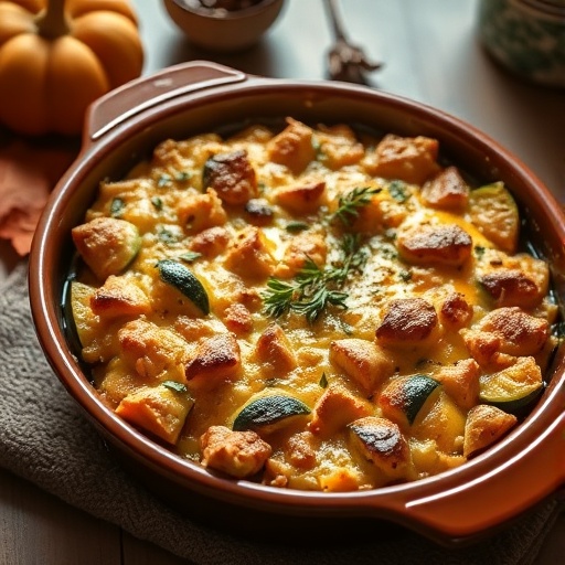 Easy Turkey Zucchini Casserole Recipe 1 Bubbly Turkey Zucchini Casserole in a ceramic dish, garnished with fresh parsley, on a wooden table.