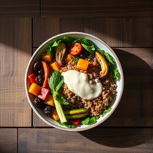 Colorful vegetarian Buddha bowl with roasted sweet potatoes, broccoli, chickpeas, quinoa, and avocado.
