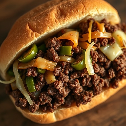 Ground Beef Philly Cheesesteak: Easy & Delicious Recipe 1 Close-up of a delicious ground beef Philly cheesesteak sandwich with melted cheese, onions, and peppers.