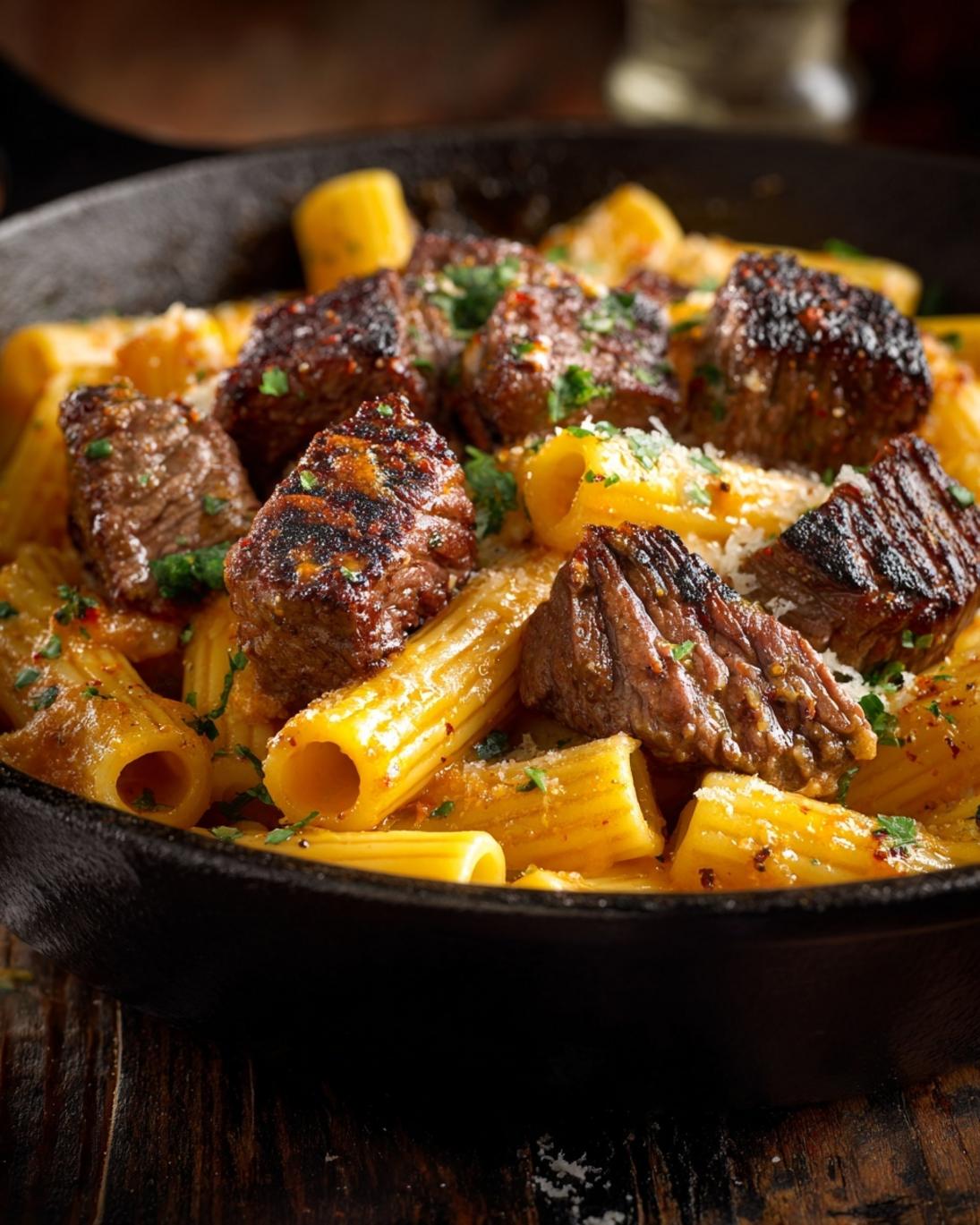 Delicious Cajun Steak Tips with Cheesy Rigatoni
