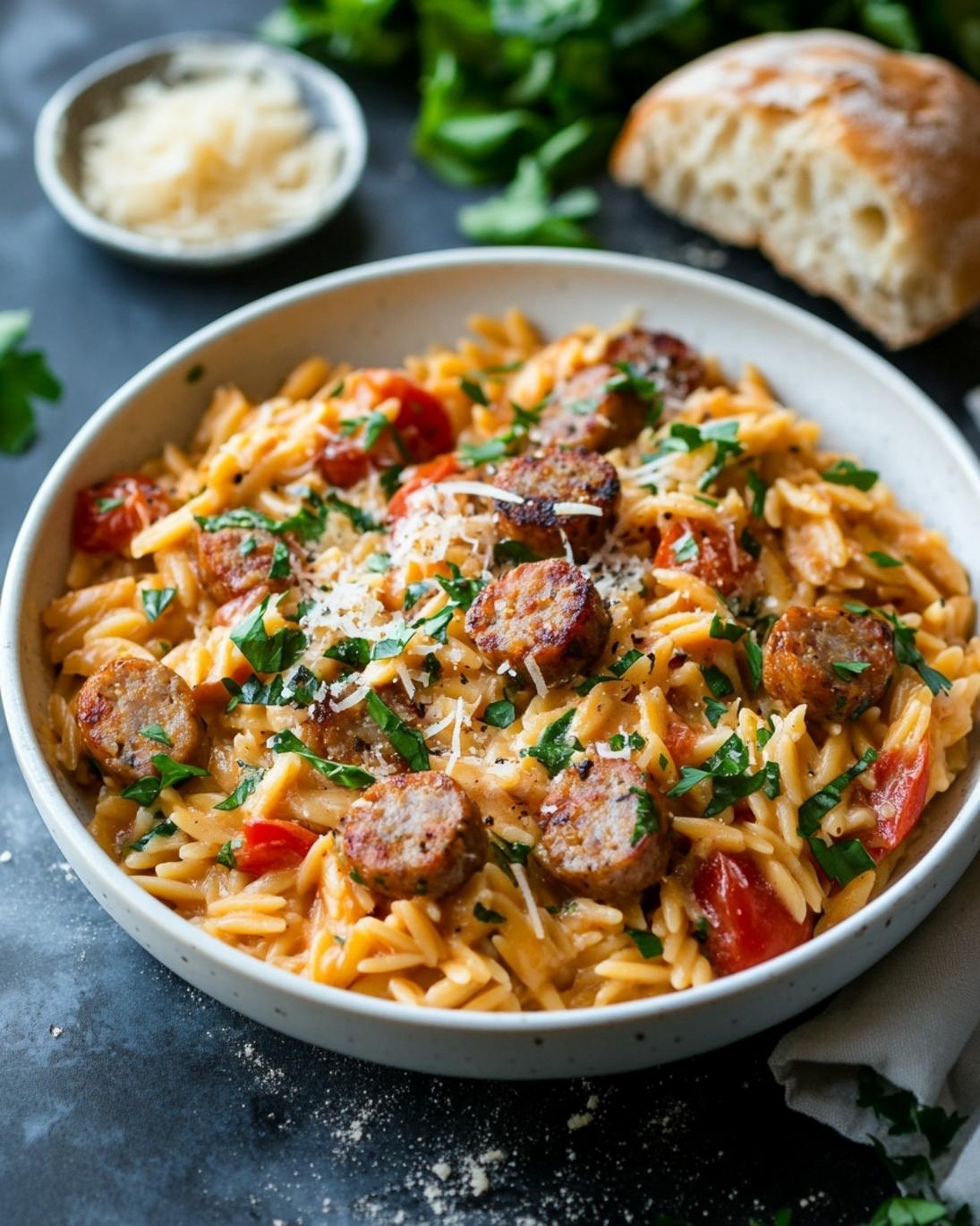 Delicious Creamy Orzo Dinner with Sausage