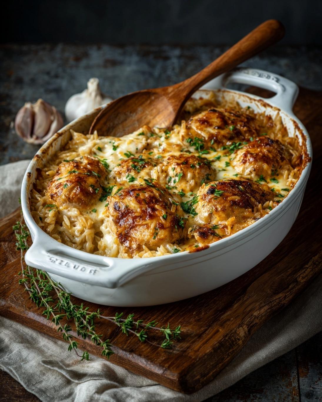 Easy Creamy French Onion Chicken Orzo Bake