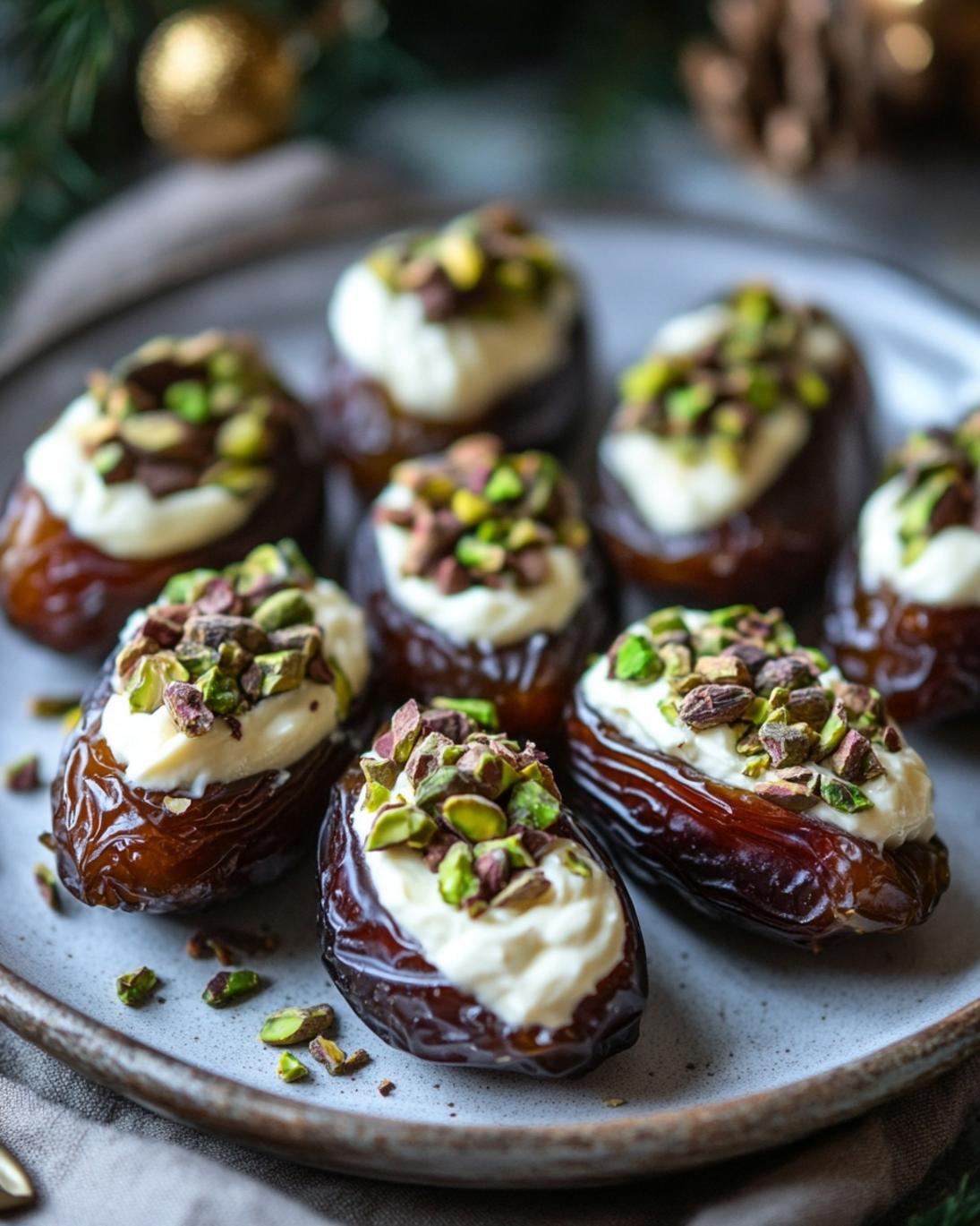 Festive Christmas Stuffed Dates with Cream Cheese and Pistachios