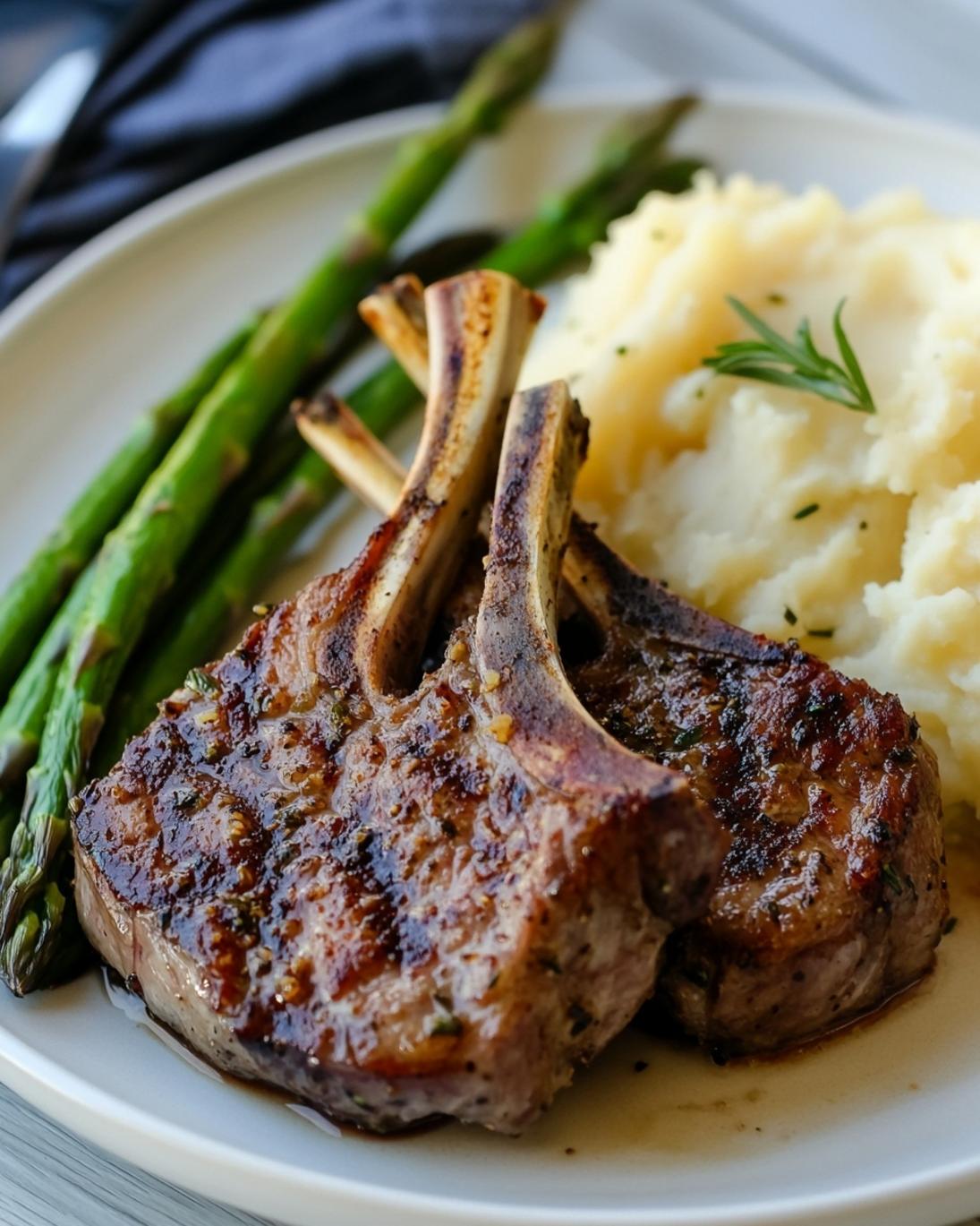 Garlic Herb Lamb Chops with Cheddar Mashed Potatoes Asparagus 1