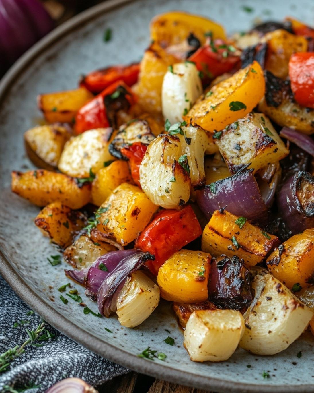 A close-up of sheet pan filled with perfectly roasted maple dijon vegetables, including carrots, broccoli, and Brussels sprouts, glistening with a savory glaze.