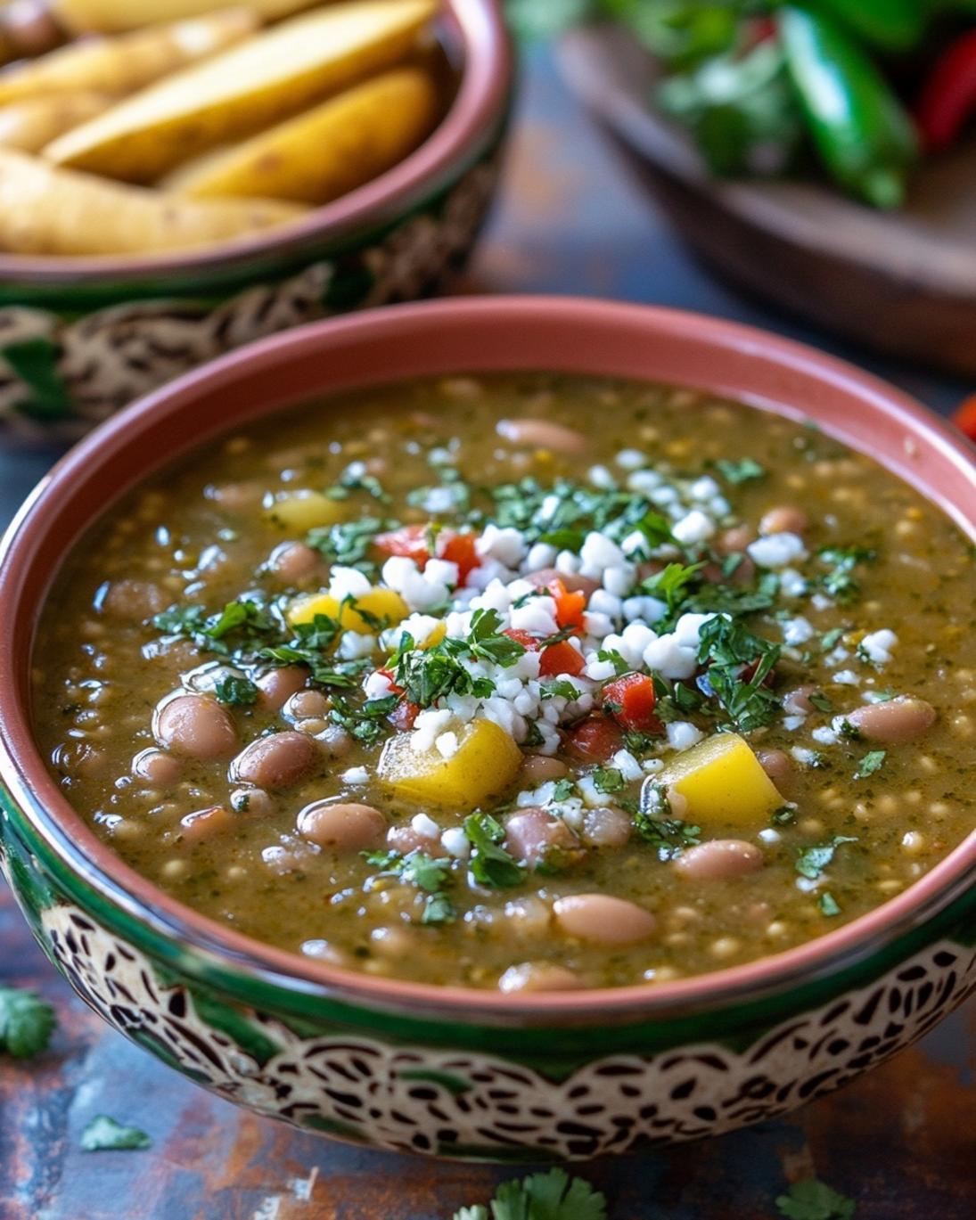 Sopa de Frijoles con Papas y Chile Verde