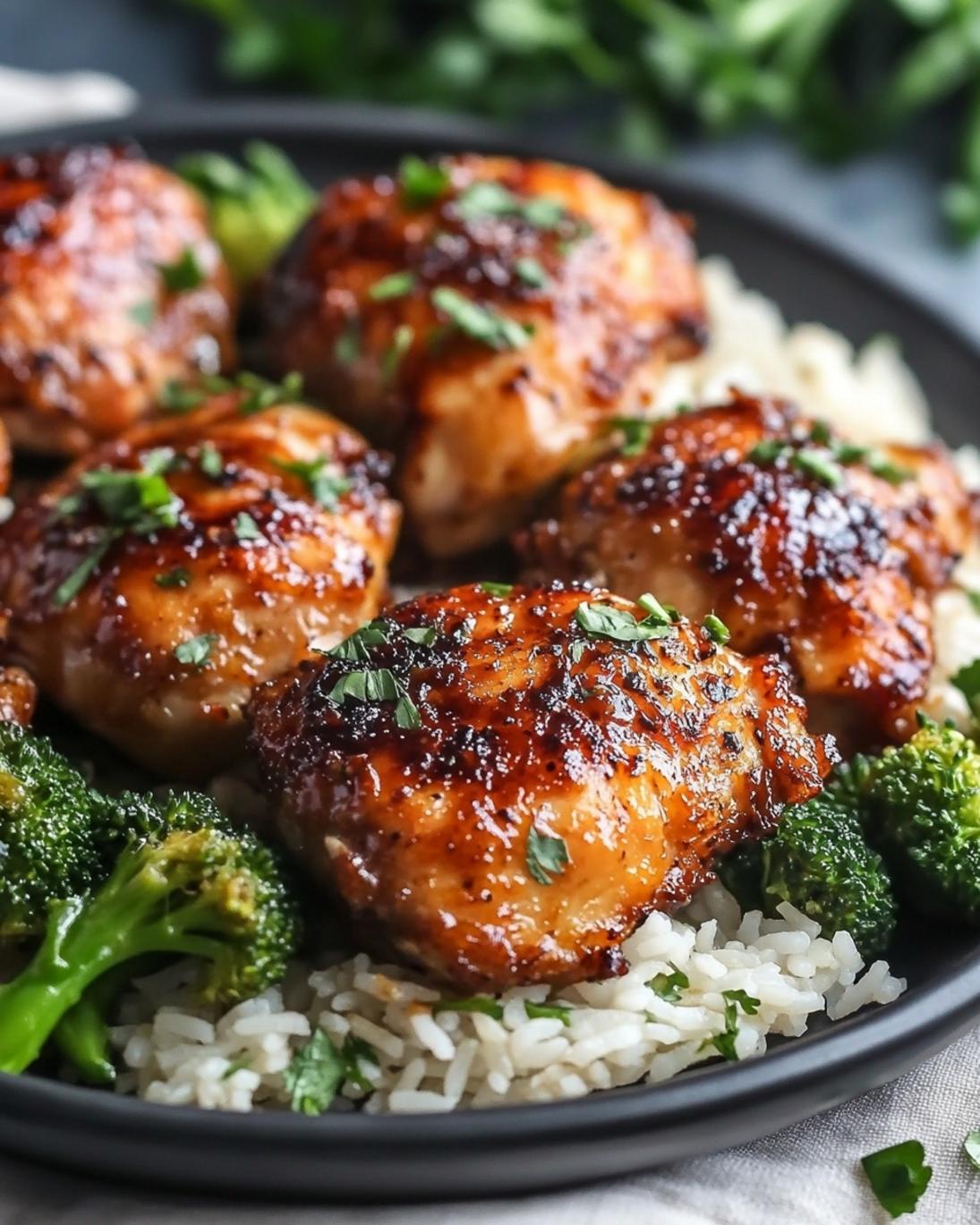 Spicy Honey Garlic Chicken Thighs with Perfect Rice and Broccolini