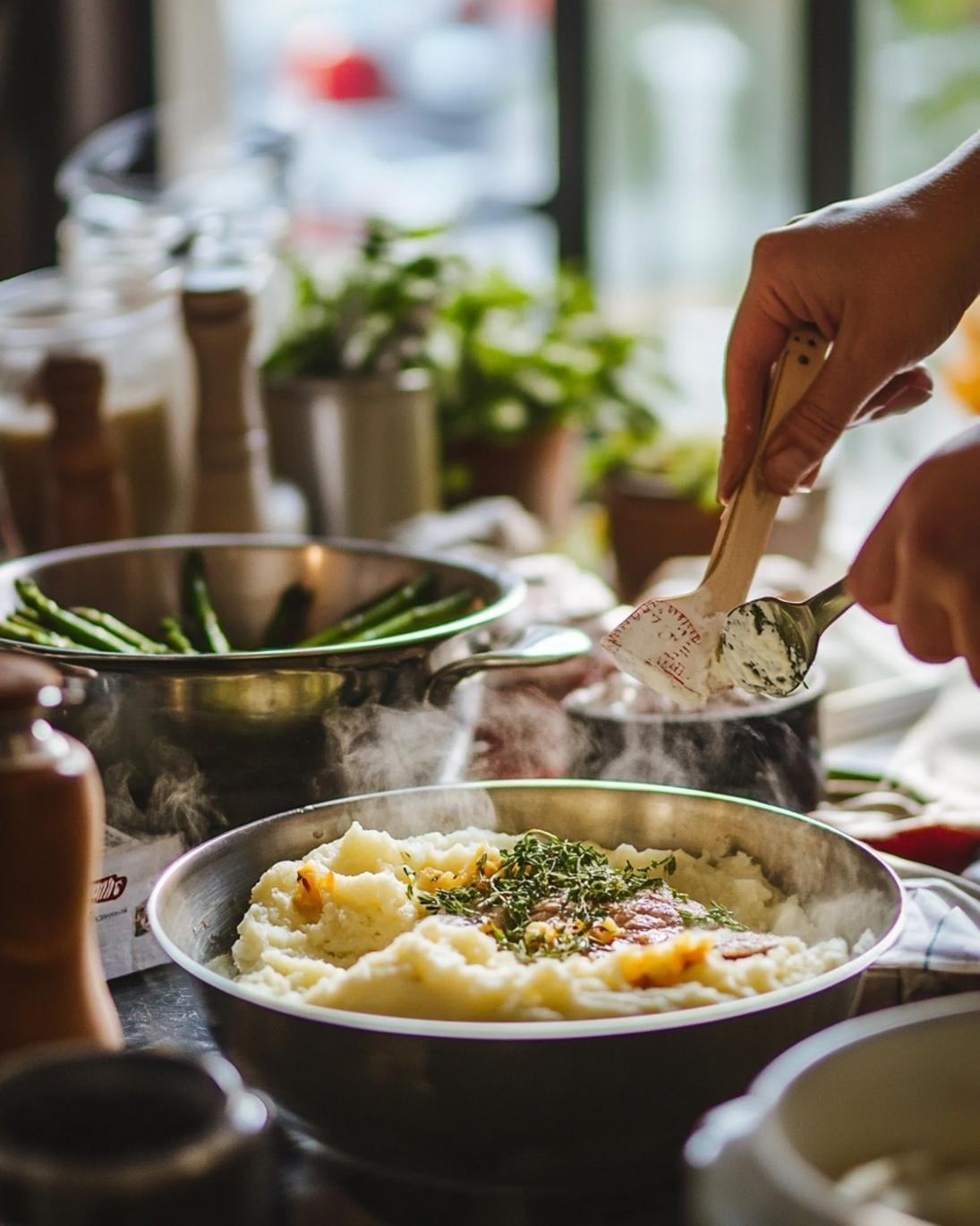 ingrediant of Garlic Herb Lamb Chops with Cheddar Mashed Potatoes Asparagus