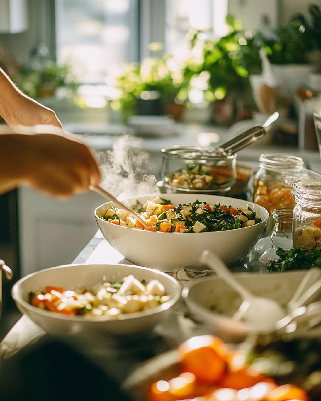 A colorful array of fresh vegetables and seasoning ingredients for roasted maple dijon vegetables recipe, including broccoli florets, carrot sticks, Brussels sprouts, red onion slices, maple syrup, Dijon mustard, olive oil, garlic, rosemary, and thyme.