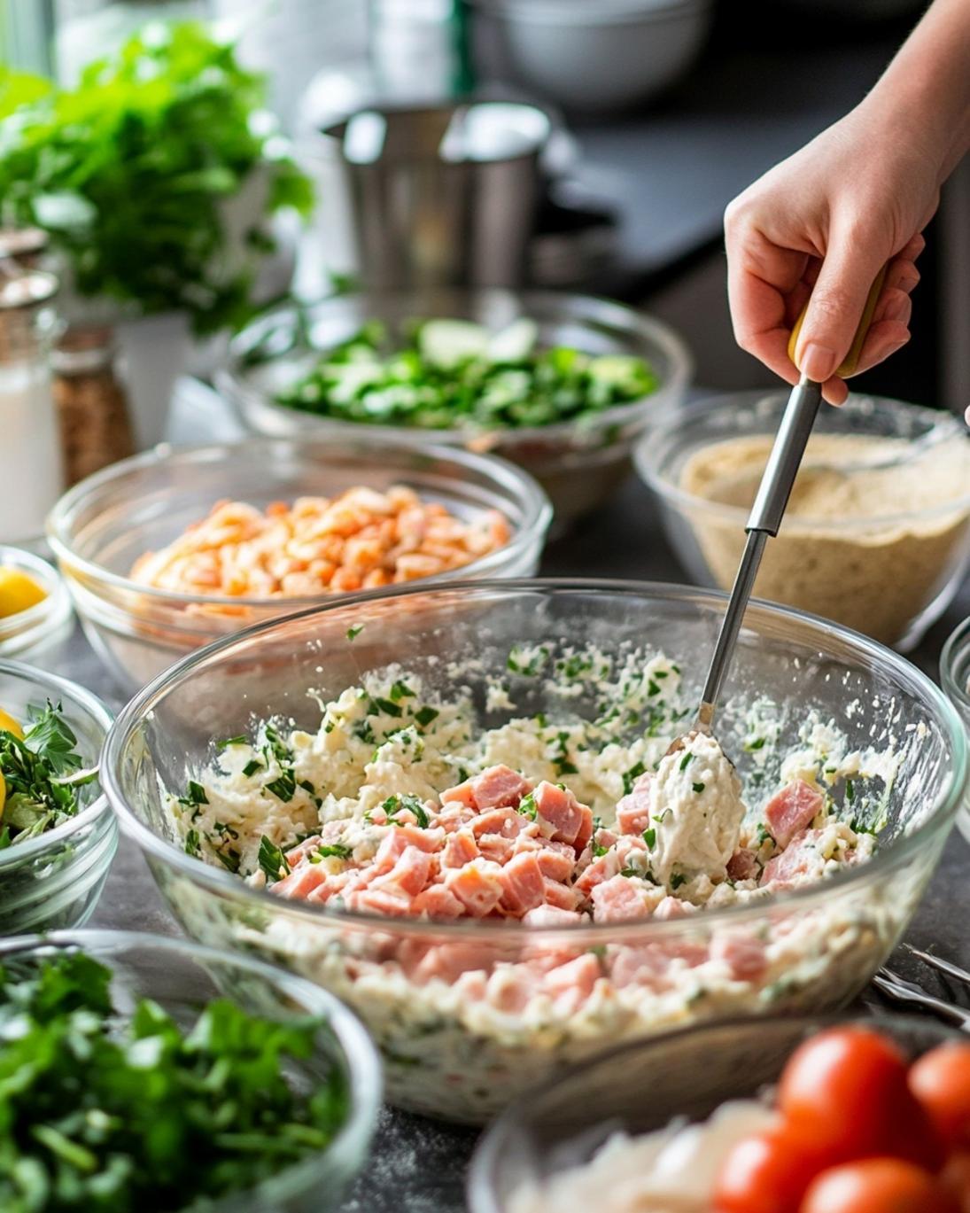 ingrediant of Savory Creamy Ham Salad with Crunchy Vegetables and Fresh Herbs